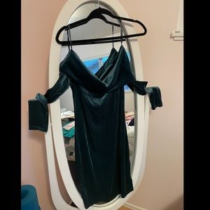 Velvet green, romantic, off the shoulder, long sleeve dress